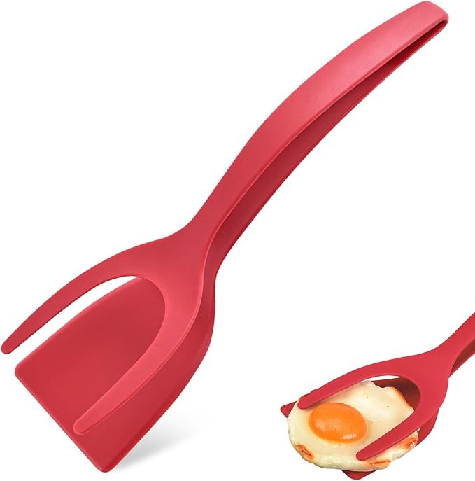 HOIRIX Egg Spatula, 2-in-1 Tongs Spatula, Grip and Flip Tongs Spatula, Kitchen Cooking Tool for Cooking Eggs, Pancake, Fish, Toast, Omelet (Red)