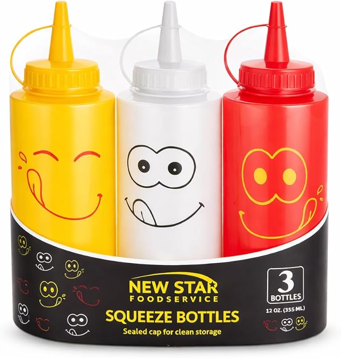 New Star Foodservice Condiment Squeeze Bottle Set, 12 Oz, Plastic, Smiley Face Design + Caps, Red, Yellow and Clear, 3-Pack