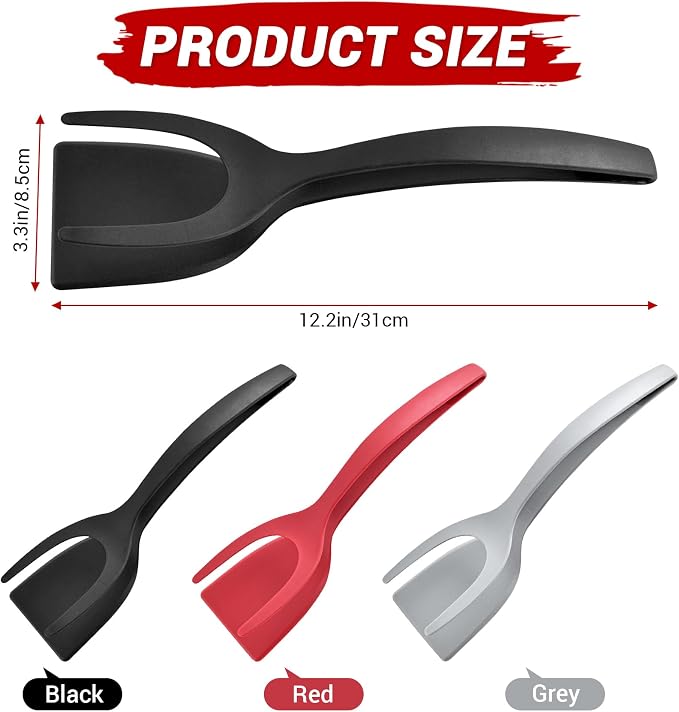 HOIRIX Egg Spatula, 2-in-1 Tongs Spatula, Grip and Flip Tongs Spatula, Kitchen Cooking Tool for Cooking Eggs, Pancake, Fish, Toast, Omelet (Red)