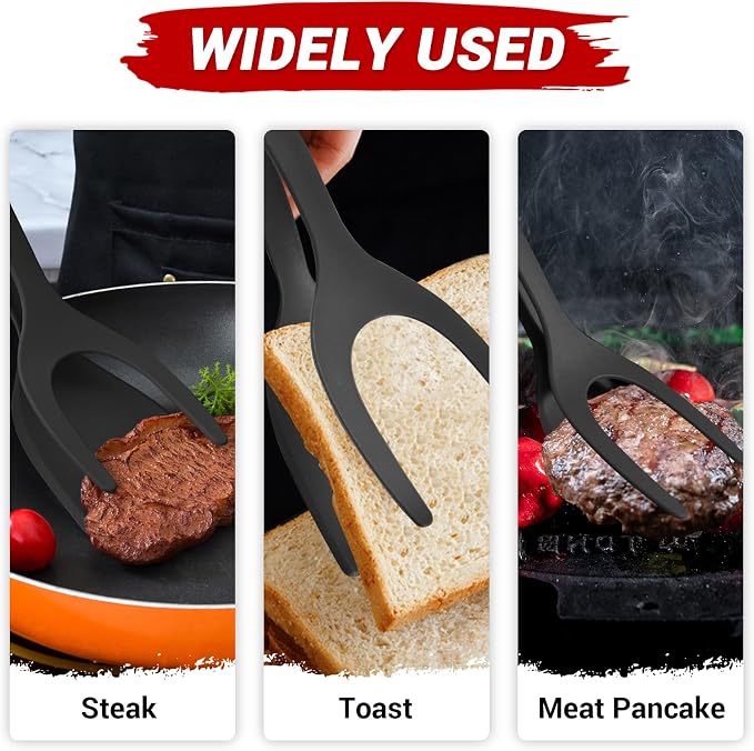HOIRIX Egg Spatula, 2-in-1 Tongs Spatula, Grip and Flip Tongs Spatula, Kitchen Cooking Tool for Cooking Eggs, Pancake, Fish, Toast, Omelet (Red)