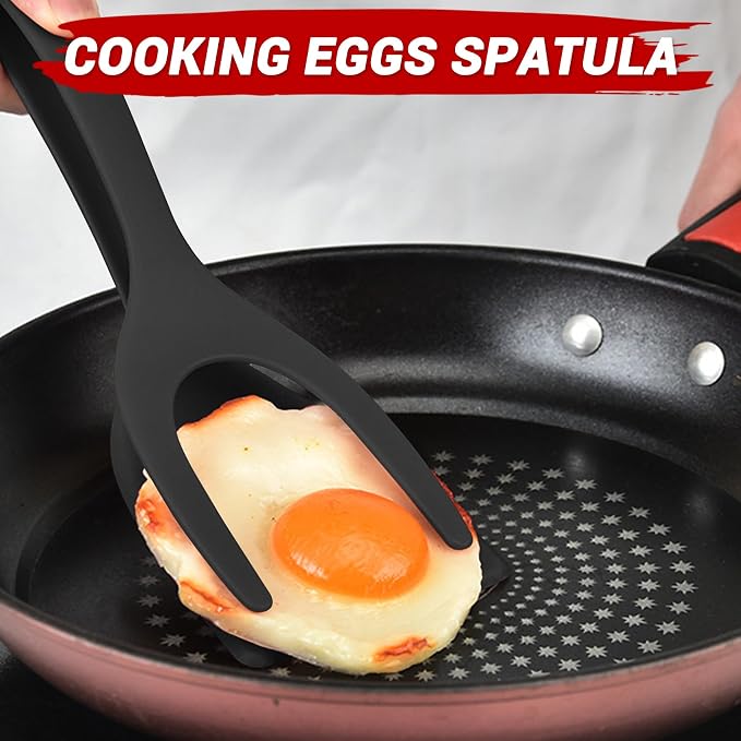 HOIRIX Egg Spatula, 2-in-1 Tongs Spatula, Grip and Flip Tongs Spatula, Kitchen Cooking Tool for Cooking Eggs, Pancake, Fish, Toast, Omelet (Red)