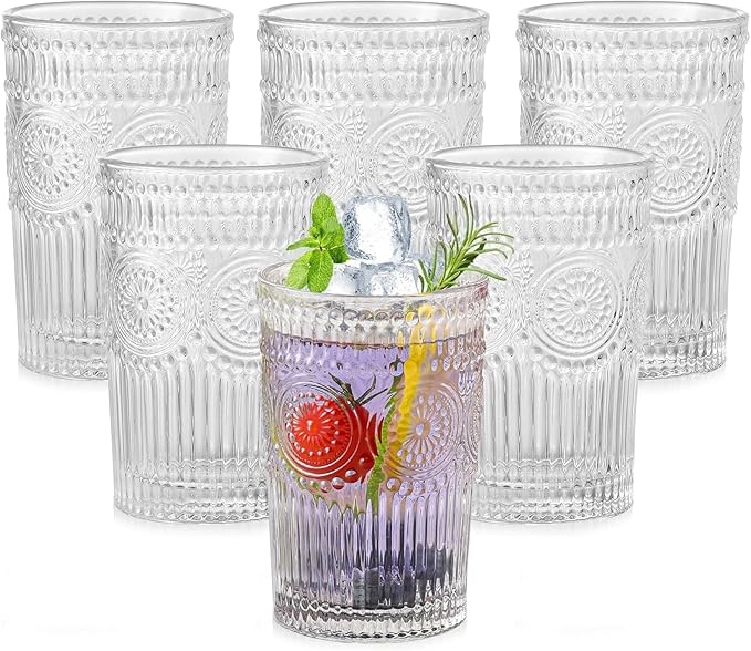 ZMOWIPDL Vintage Glassware Drinking Glasses Set of 6, 13 oz Clear Textured Flower Design Glass Water Tumblers, Embossed Striped Drinkware for Water, Cocktails, Juice, Iced Coffee