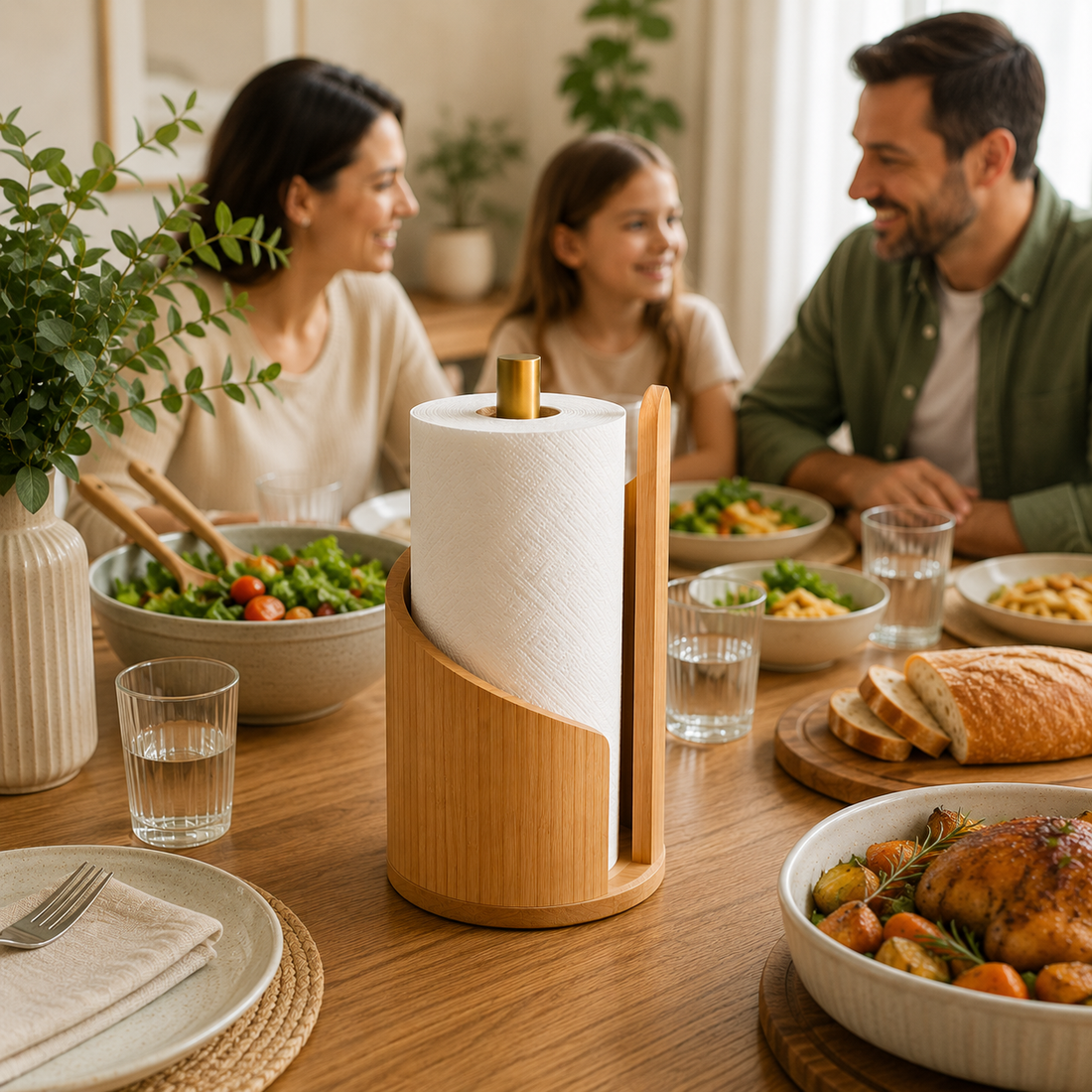 Paper Towel Holder Countertop with Wood Round Base and Iron Holder,Holds Mega Roll,Holder Stand for Kitchen Roll Organize,Wooden Paper Towel Holder for Kitchen Dining Table Home Decor